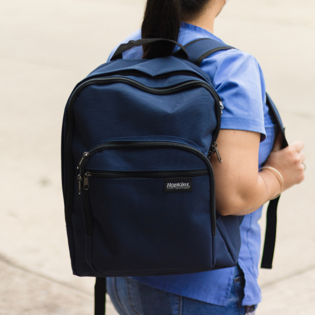 branded blue backpack